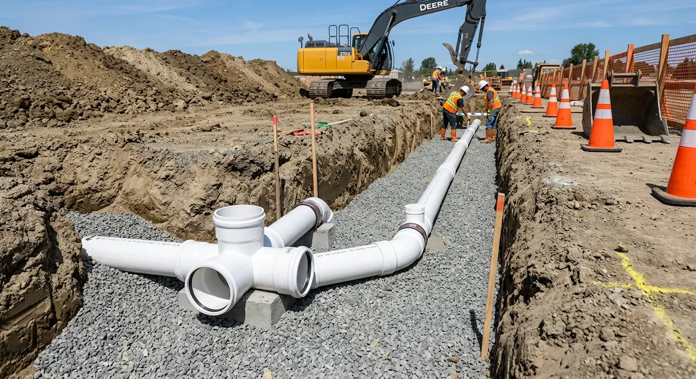 New PVC sewer pipe installation in open trench for Sewer Backup in Soledad