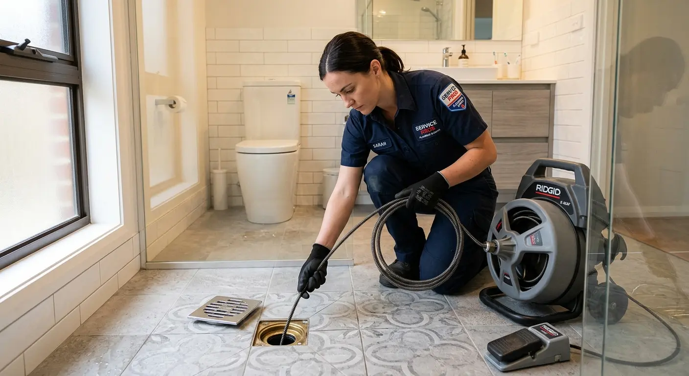 Technician clearing a bathroom floor drain for Drain Cleaning in Soledad